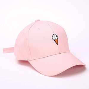 Pink cotton baseball cap with cute ice cream embroidery on a white background