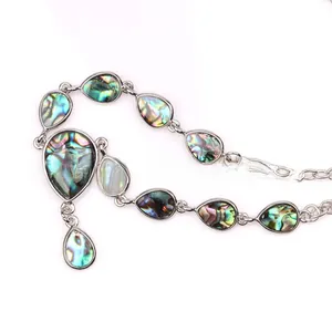Detail of a vintage heart necklace with iridescent abalone shell in silver setting