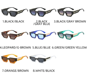 Collage of retro geometric thick frame sunglasses in multiple trendy color combinations