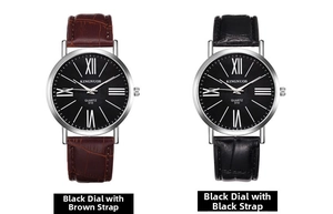 Detail view of quartz watches featuring black dials and textured leather strap variants