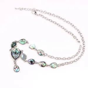 Detailed macro view of bohemian shell necklace with abalone teardrop pendants and clasp