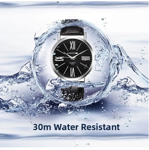 Detail showing the 30M water resistance feature of the classic black dial quartz watch
