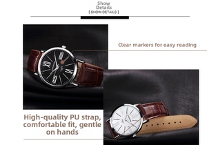 Macro view of roman numerals dial and premium brown PU leather strap for quartz watches