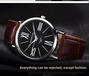Classic quartz watch featuring black dial with Roman numerals and brown leather strap