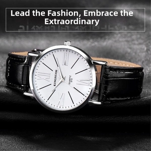 Detail of classic quartz watch white dial with Roman numerals and black leather strap