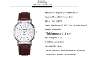 Detail view of quartz watch specs with silver case, white dial, and brown leather strap