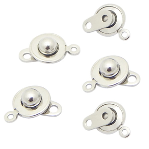Five silver stainless steel rotating push clasps for necklaces and bracelets on white back