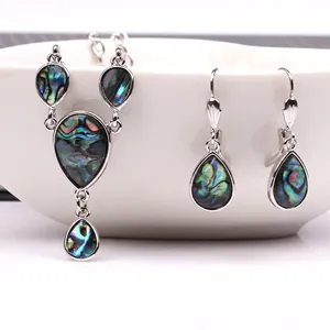 Vintage silver alloy jewelry set with heart drop abalone shell necklace and earrings