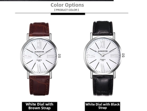 Detail view of quartz watches with white dial, silver case, and various leather straps