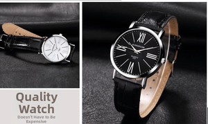 Detailed macro view of minimalist KINGNUOS quartz watch with leather strap and Roman numerals