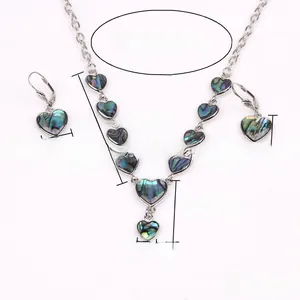 Detailed view of silver heart jewelry set with colorful abalone shell inlay dimensions