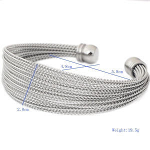 Open twisted cable stainless steel bangle with silver finish and spherical end caps