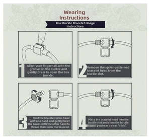 Guide showing four steps to open the clasp and add beads to the golden bear bracelet