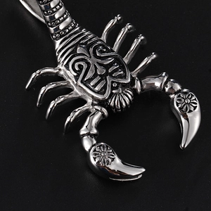 Polished silver stainless steel scorpion pendant for men and women on black background