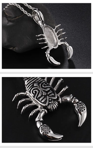 Detail view of silver stainless steel scorpion pendant showing front and back textures