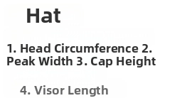 Size guide showing head circumference, peak width, cap height, and visor length of the hat