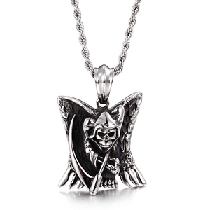 Pendentif Faucheuse Faux Ailes Acier Inoxydable Gothique Punk Rock Bijoux Homme