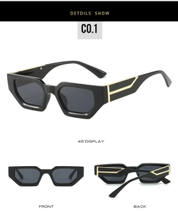 Detailed three-way view of hexagon sunglasses with gold metal geometric temple accents