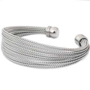 Detailed macro view of 20mm stainless steel cable wire cuff with sphere end caps