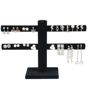 Two-tier T-bar earring display stand with black velvet finish and stable base
