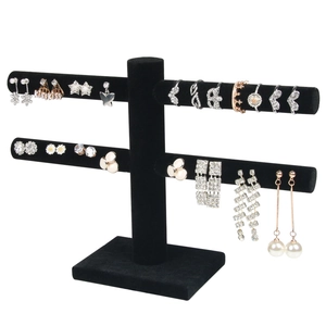 Two-tier black velvet T-bar jewelry display stand for earrings and necklaces