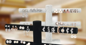 Three-tier T-bar jewelry display stand with grey and black velvet finish for earrings