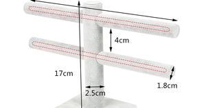 Gray velvet two-tier T-bar jewelry display stand with detailed dimension markings