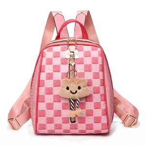 Pink and white checkered large capacity backpack with a cute plush cloud charm for women