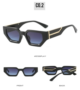 Detailed views of black thick frame sunglasses with blue gradient lenses and gold accents