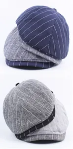 Detailed view of striped cotton newsboy caps in various colors for men and women