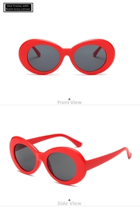 Front and side views of vintage red oval sunglasses with dark grey lenses
