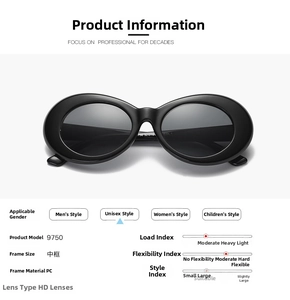 Close-up of model 9750 black oval sunglasses with high-definition PC frame details