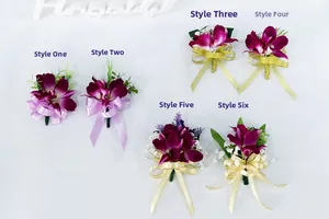 Selection of artificial orchid boutonnieres in deep burgundy with various ribbon styles