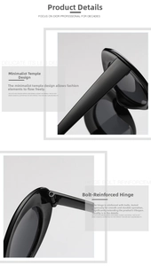 Detail of reinforced metal hinges and wide black frame temples on retro sunglasses