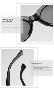 Detailed view of integrated nose pads and ergonomic curved temples of black sunglasses