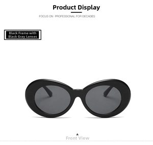 Front view of vintage small frame oval sunglasses with black frames and grey lenses