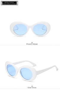 Front and side view of retro white oval sunglasses with ocean blue translucent lenses