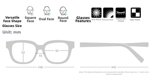 Retro small frame sunglasses size chart with detailed dimensions and face shape suggestions