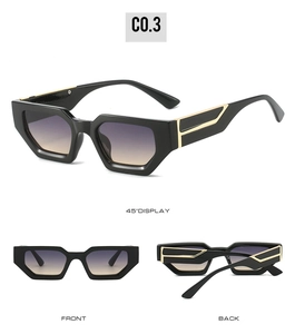 Three-angle product view of geometric black small frame sunglasses with gradient lenses