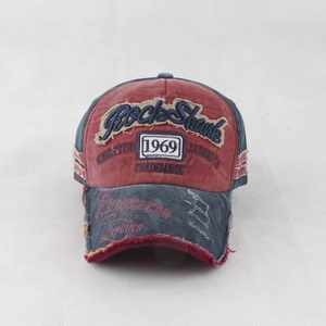 Detail view of vintage baseball cap with Rock Shank embroidery and 1969 distressed texture