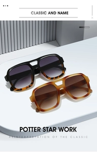 Detail of square sunglasses with double bridge and gradient lenses on a pedestal