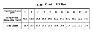 Ring size conversion chart showing US sizes 5 to 15 with circumference and diameter
