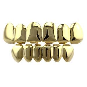 Detailed view of 18K gold plated hip hop vampire fang grillz set for top and bottom teeth