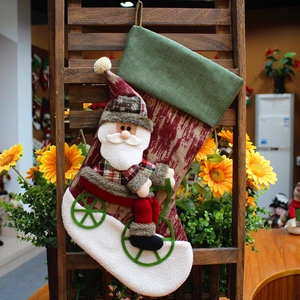 Fabric Christmas Stockings Velvet Gift Bag Santa Claus Snowman Riding Bicycle Xmas Hanging Tree Ornament Candy Bag