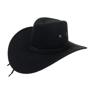 Classic black faux suede western cowboy hat with wide brim and decorative cord