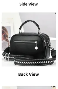 Detail of black lychee grain crossbody bag with a stylish patterned woven shoulder strap