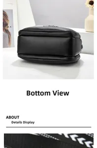 Detailed bottom view of black leather handbag with clean stitching and dual zippers