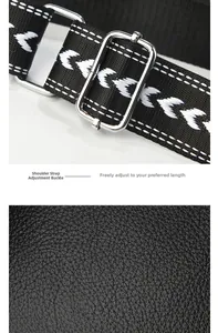 Detail of adjustable embroidered strap with silver metal buckle and black lychee leather