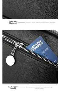 Close-up of black lychee texture PU leather handbag with rear zipper and chain detail