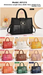 Close-up of a large textured handbag with gold metal clasp and 10 color options